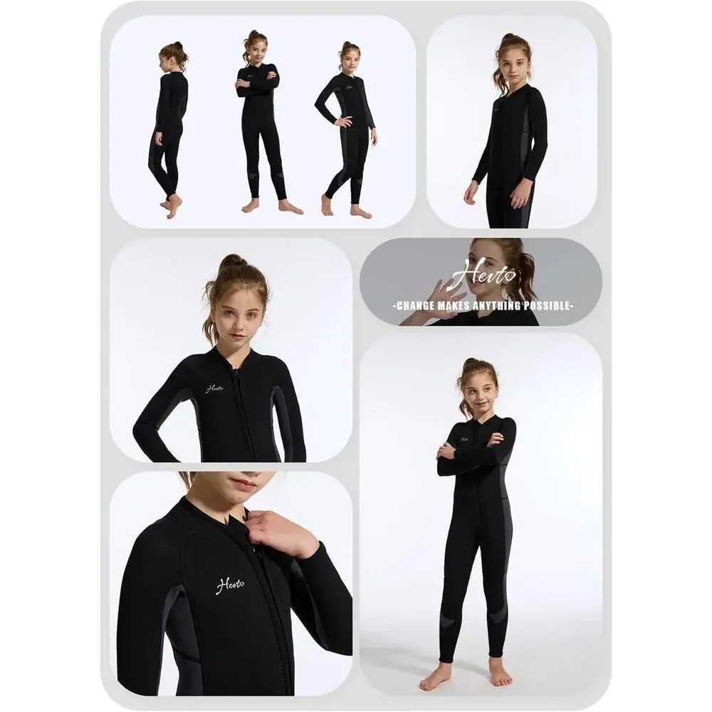 Hevto Youth Wetsuit 3/2mm Neoprene Wetsuit‎ Front Zip Surfing Diving Black SZ 16